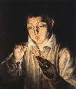 El Greco A Boy blowing on an Ember to light a candle oil